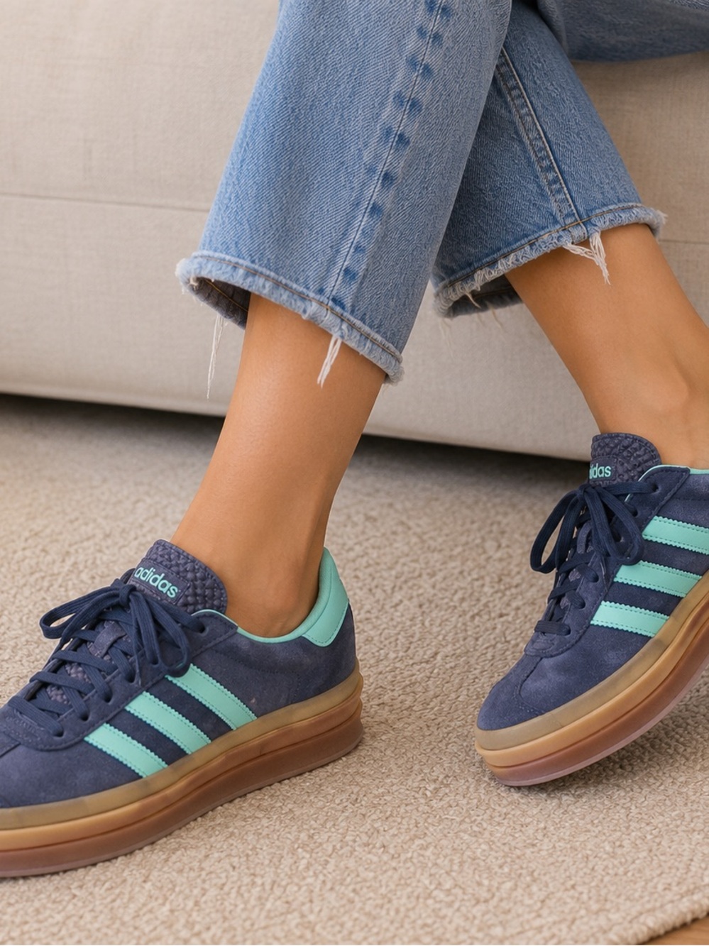 adidas Blue Suede Platform Gazelles with Mint Stripes & Rubber Soles